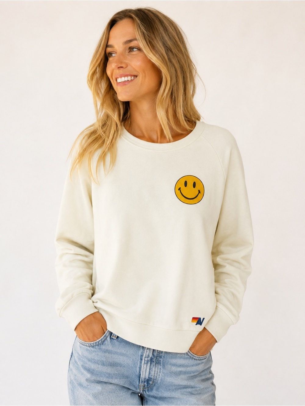 Aviator Nation Smiley Face Graphic Sweatshirt Cream Crewneck XXL